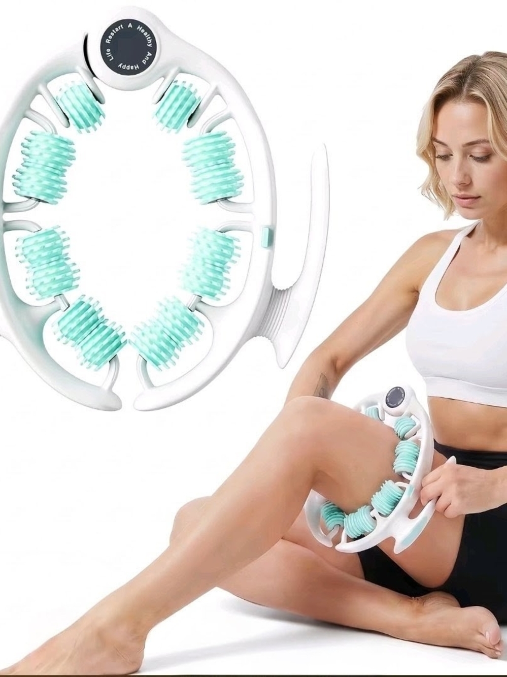 MERACH Manual 8-Roller Deep Tissue Body Massager, Push-Pull Ring, White/Green